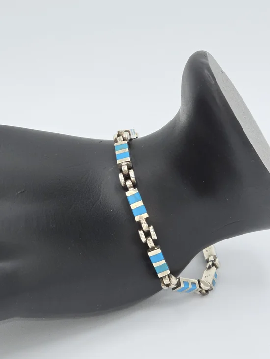 VTG Sterling Silver Turquoise Inlay Link Bracelet 7.5" Southwestern Zuni Style - Picture 1 of 10
